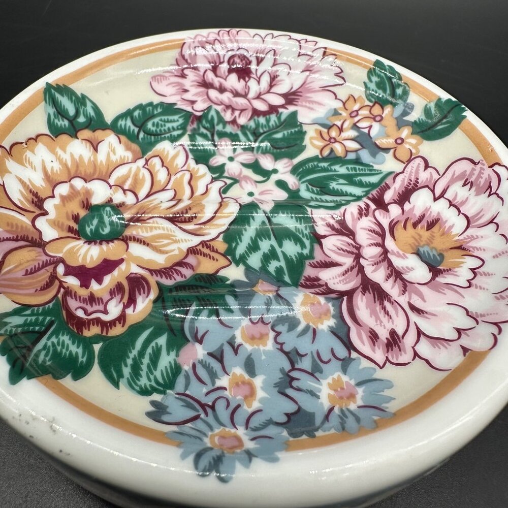 Vintage Soap Dish Floral Round Ceramic 1990s Flowers Bathroom Kitchen Decor - Picture 6 of 9